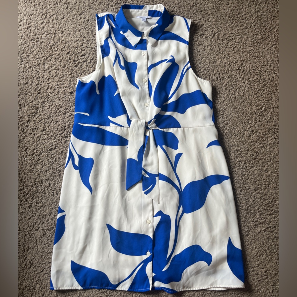 Nine West XXL Blue White Abstract Floral Shirt Dress Sleeveless Mock Tie Waist